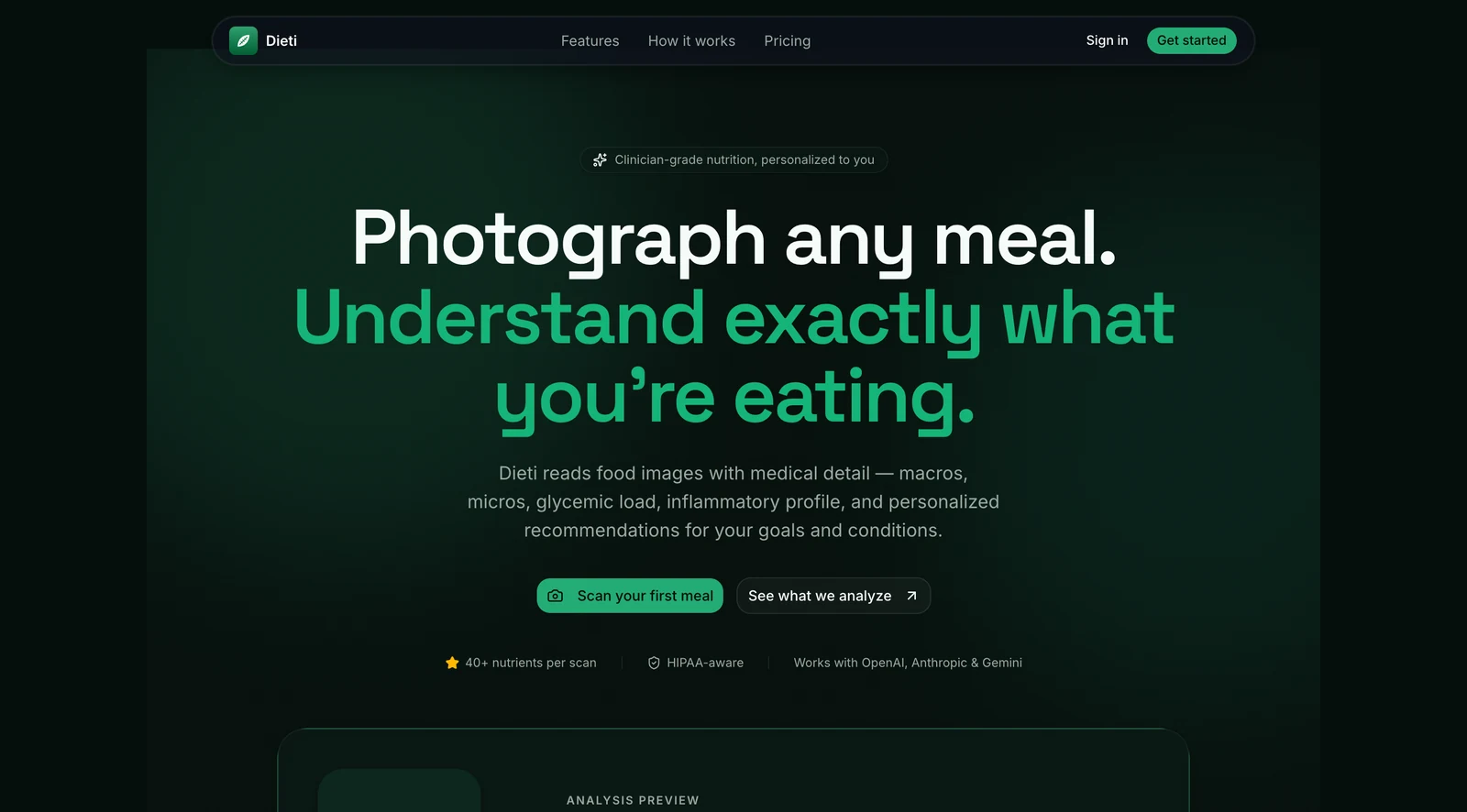 Dieti homepage with the headline Photograph any meal. Understand exactly what you're eating.